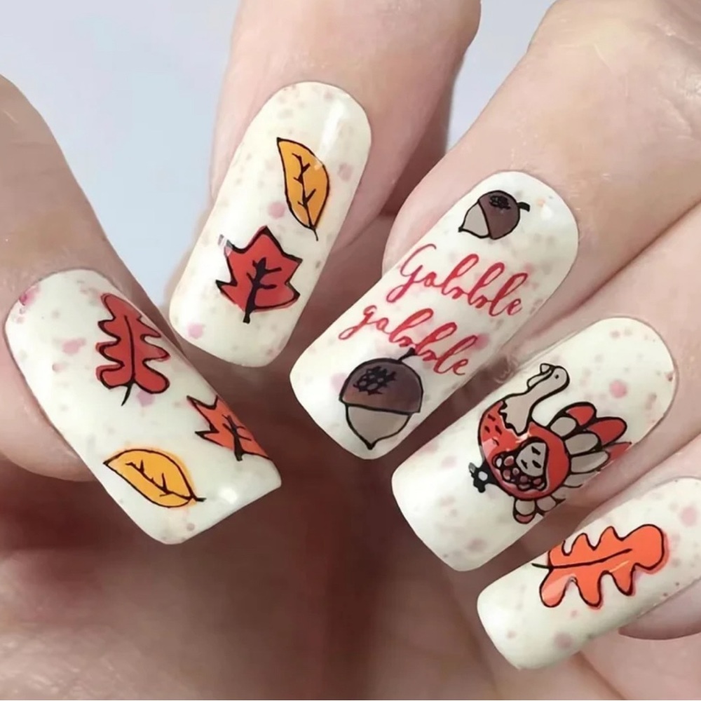 24pcs Glossy Long Square, White Press On Nails With Fall Maple Leaf Thanksgiving